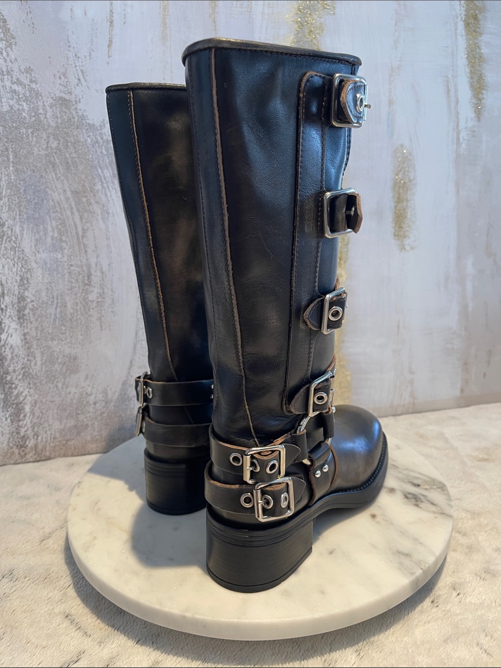 Steve Madden - Rocky Distressed Leather Buckle Hardware Tall Moto Engineer Boots - Picture 2 of 12